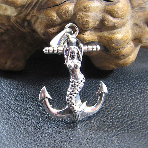 Solid 925 Sterling Silver Mermaid Anchor Pendant - Atargatis Sea Goddess Charm - Picture 1 of 10